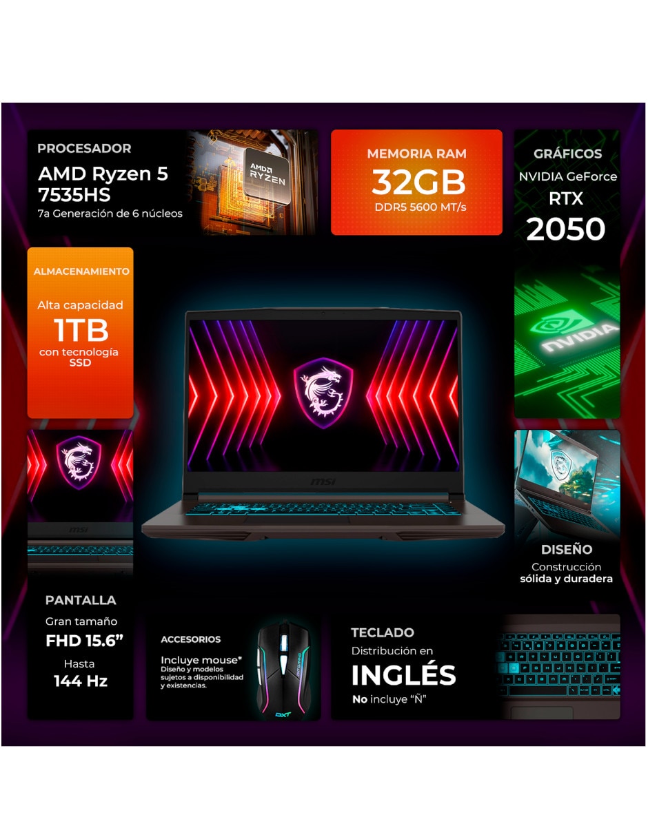 Laptop gamerth15i-2050r5321m-ob 15.6 pulgadas full hd amd ryzen 5 nvidia geforce rtx 2050 32 gb ram 1 tb