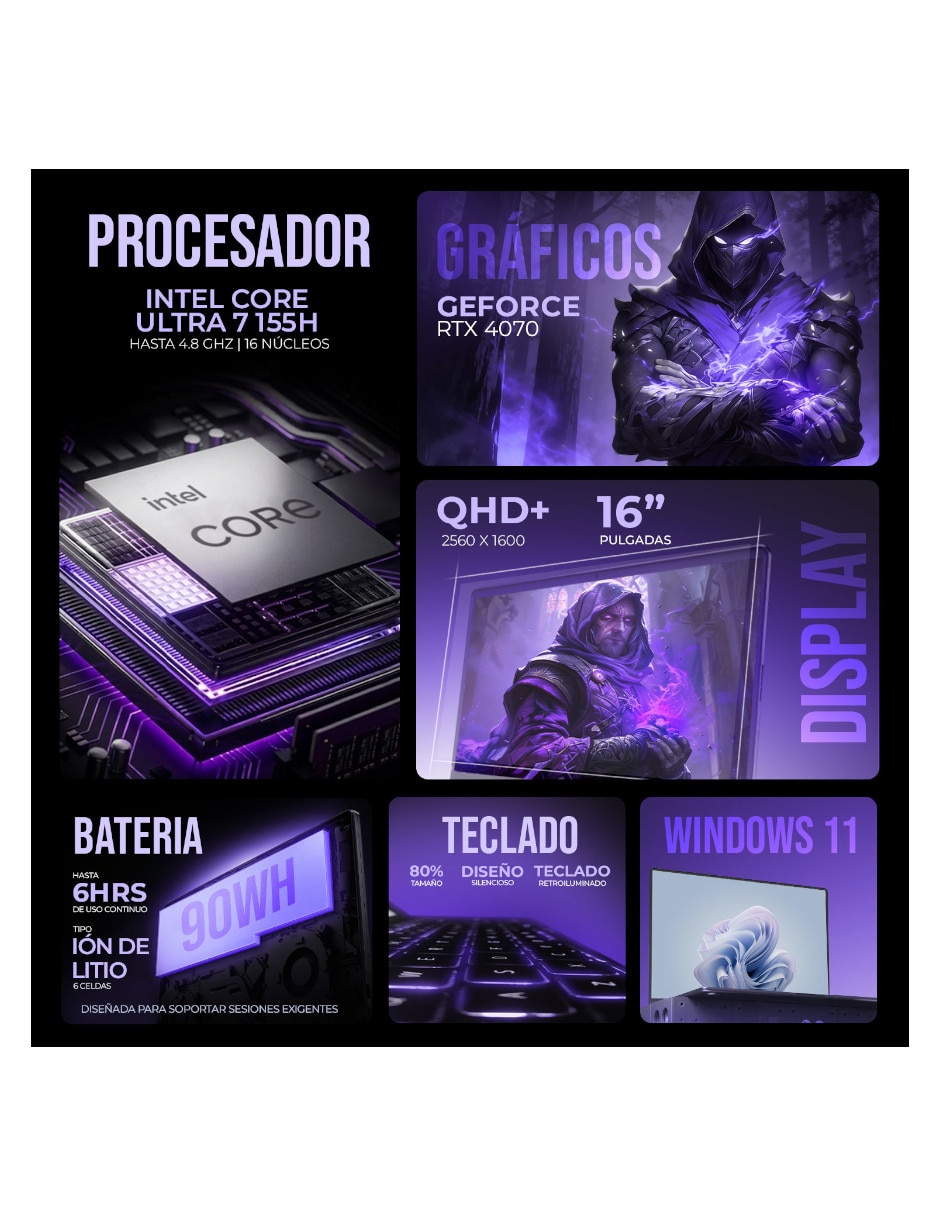 Laptop gamer 16 pulgadas qhd+ intel core ultra 7 nvidia geforce rtx 4070 16 gb ram 1 tb 6