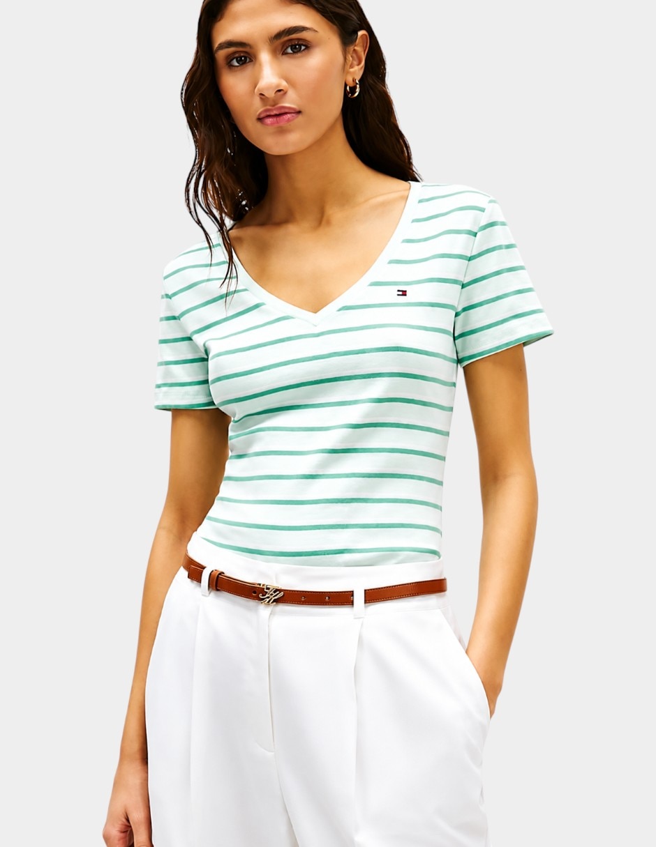 Blusa striped cuello v manga corta para mujer Blusa striped cuello v manga corta para mujer