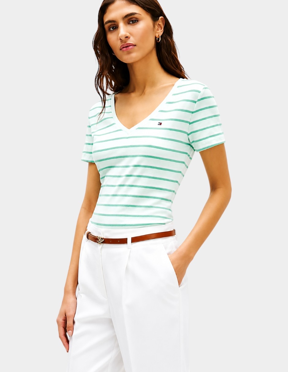 Blusa striped cuello v manga corta para mujer 3
