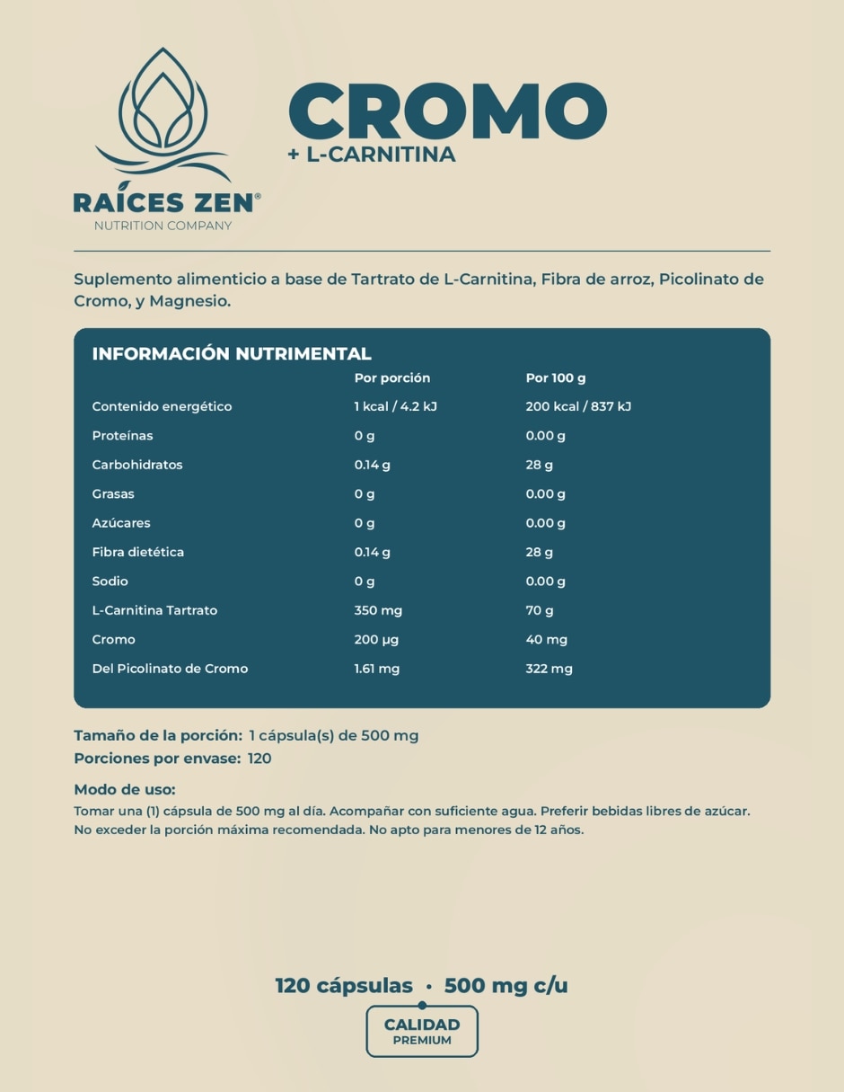 Cromo + L-Carnitina 120 Cápsulas RAÍCES ZEN con cromo 2