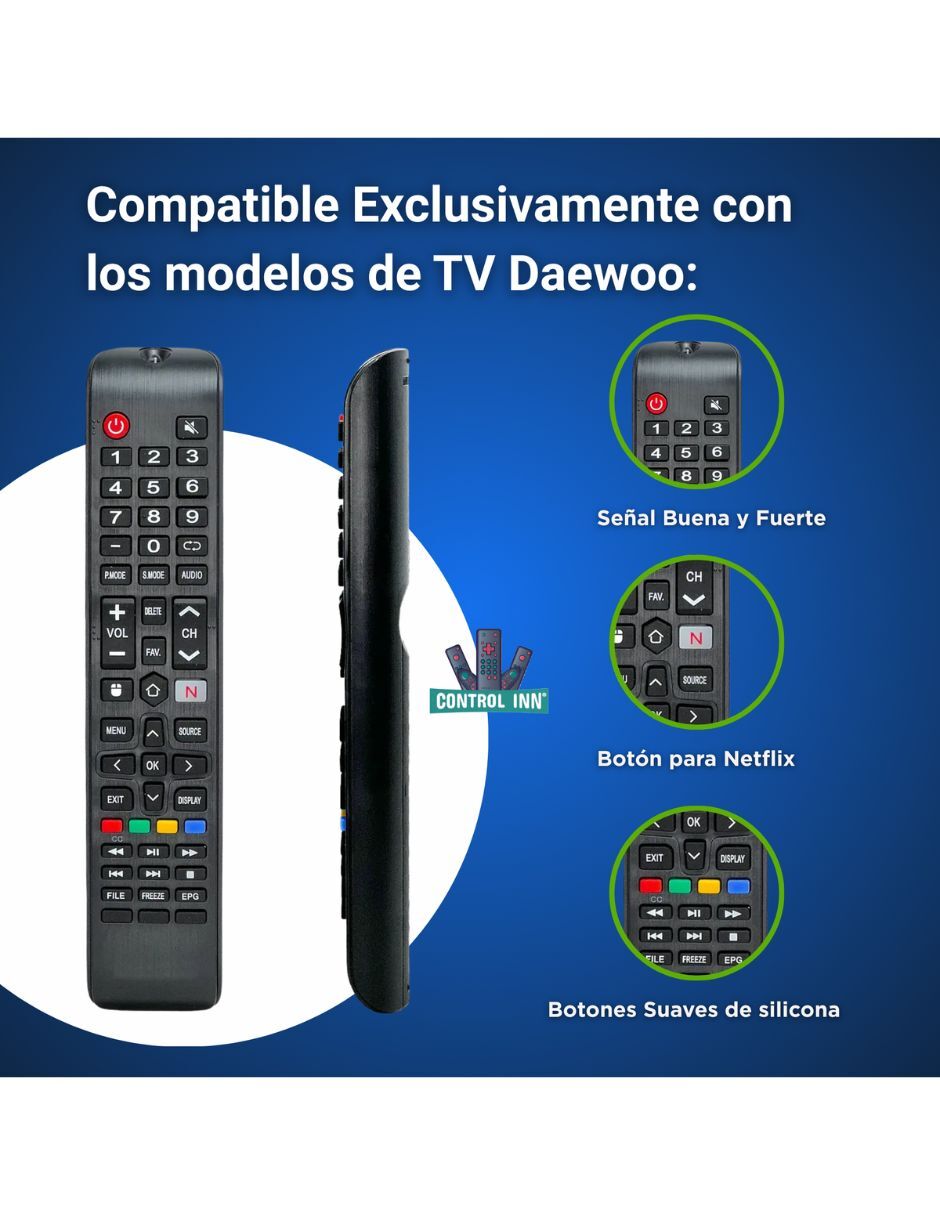 Control remoto para Smart TV Daewoo RC801BA L32U7500AN, L24V639VAE, L32S7800TN, L43S7800TN, L49S7800TN, L55S7800TN, L32V780BTS, L43V780BTS.