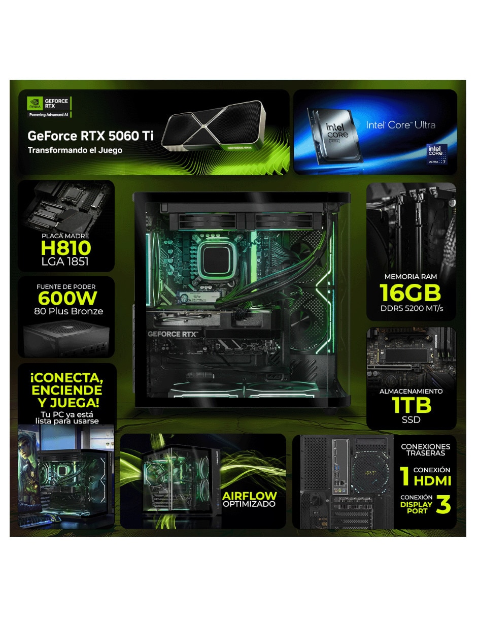 Computadora gamer 31.5 pulgadas Full HD Intel core ultra 7 NVIDIA GeForce RTX 5060 Ti 16 GB RAM 1 TB 7