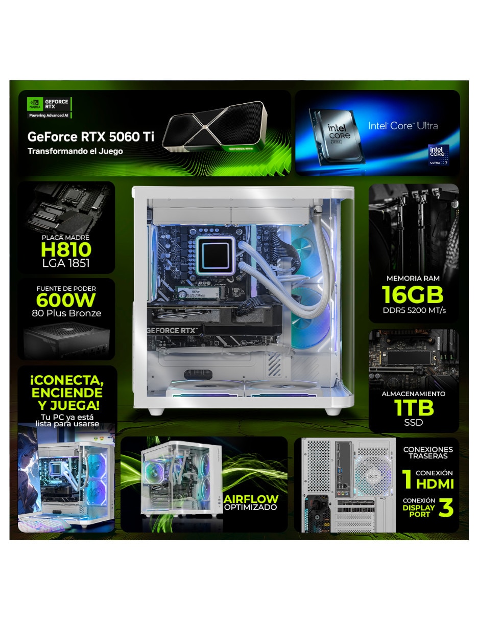 Computadora gamer 31.5 pulgadas Full HD Intel core ultra 7 NVIDIA GeForce RTX 5060 Ti 16 GB RAM 1 TB 9