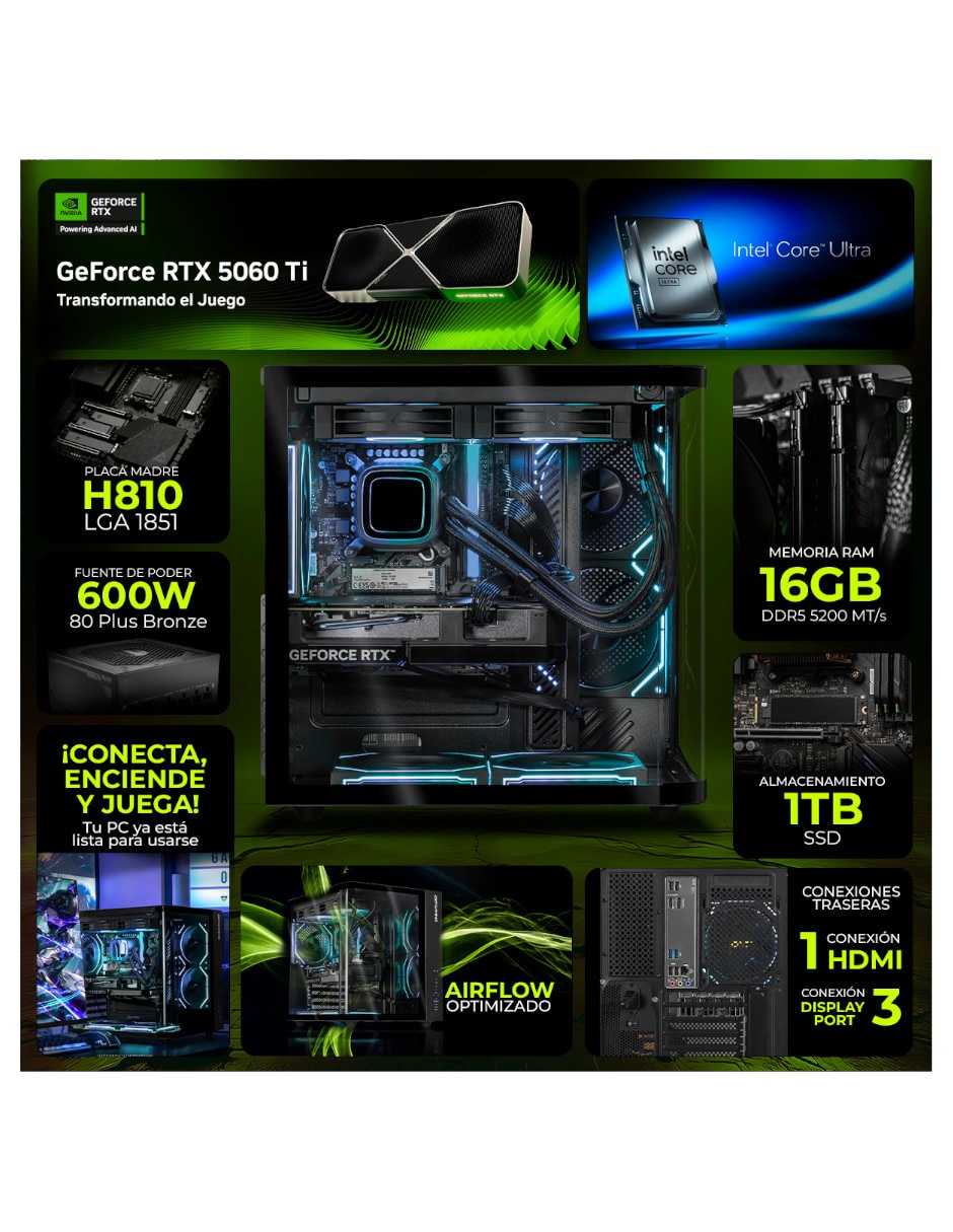Computadora gamer DXTU516GB55060TITPB Intel core ultra 5 NVIDIA GeForce RTX 5060 Ti 16 GB RAM 1 TB 9