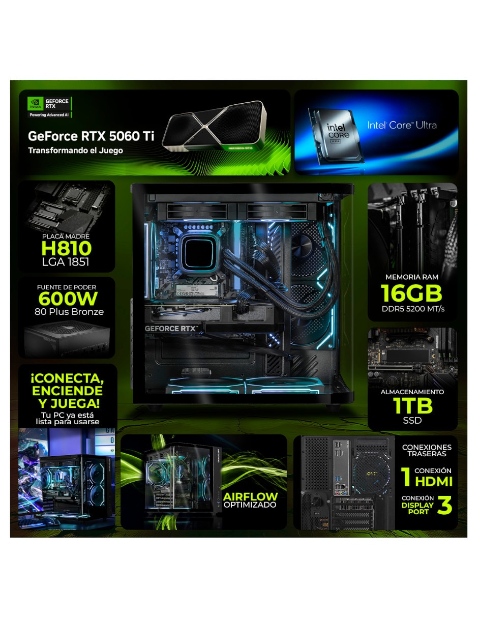 Computadora gamer DXTU516GB55060TIMTPB 31.5 pulgadas Full HD Intel core ultra 5 NVIDIA GeForce RTX 5060 Ti 16 GB RAM 1 TB 9