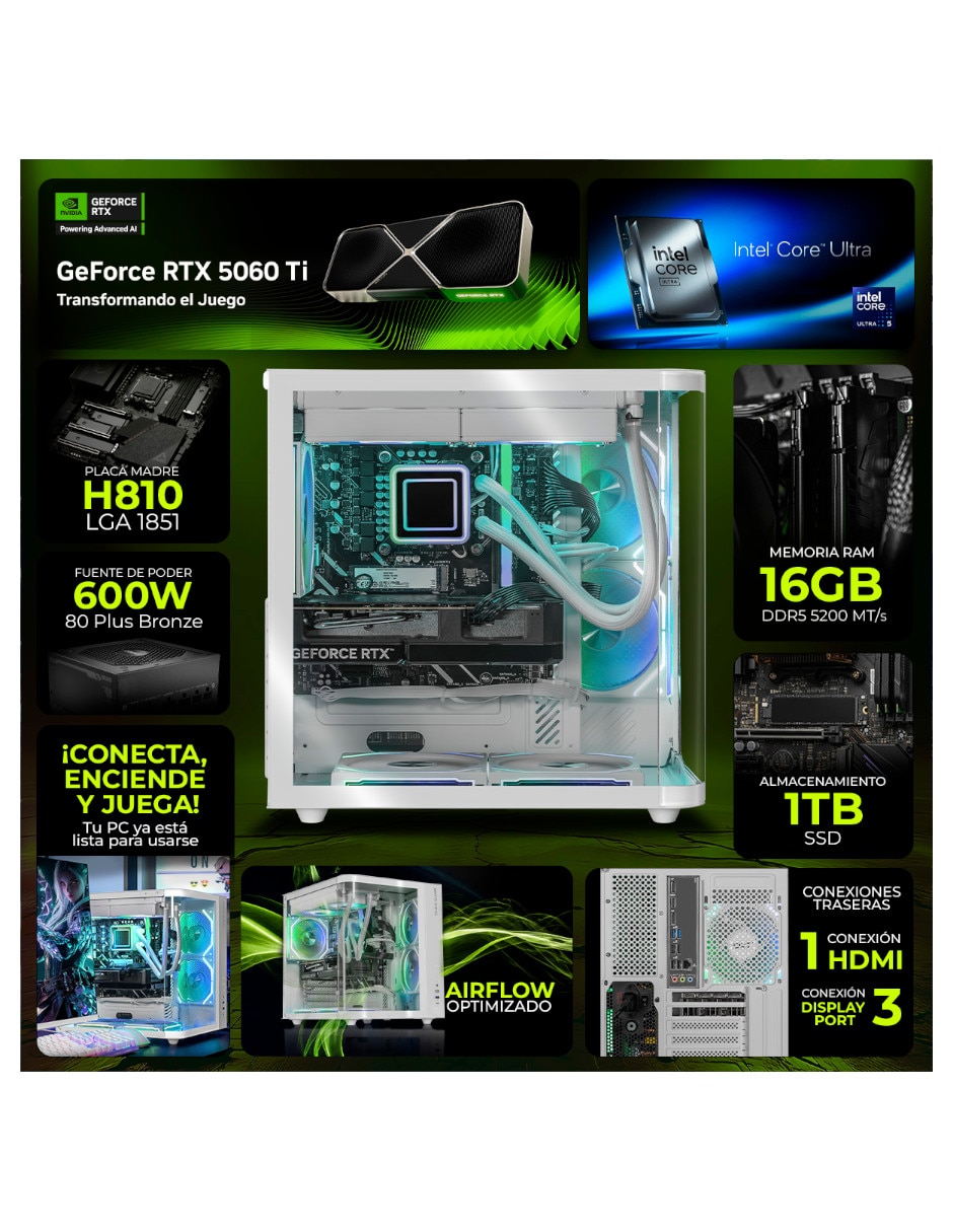 Computadora gamer 31.5 pulgadas Full HD Intel core ultra 5 NVIDIA GeForce RTX 5060 Ti 16 GB RAM 1 TB 9