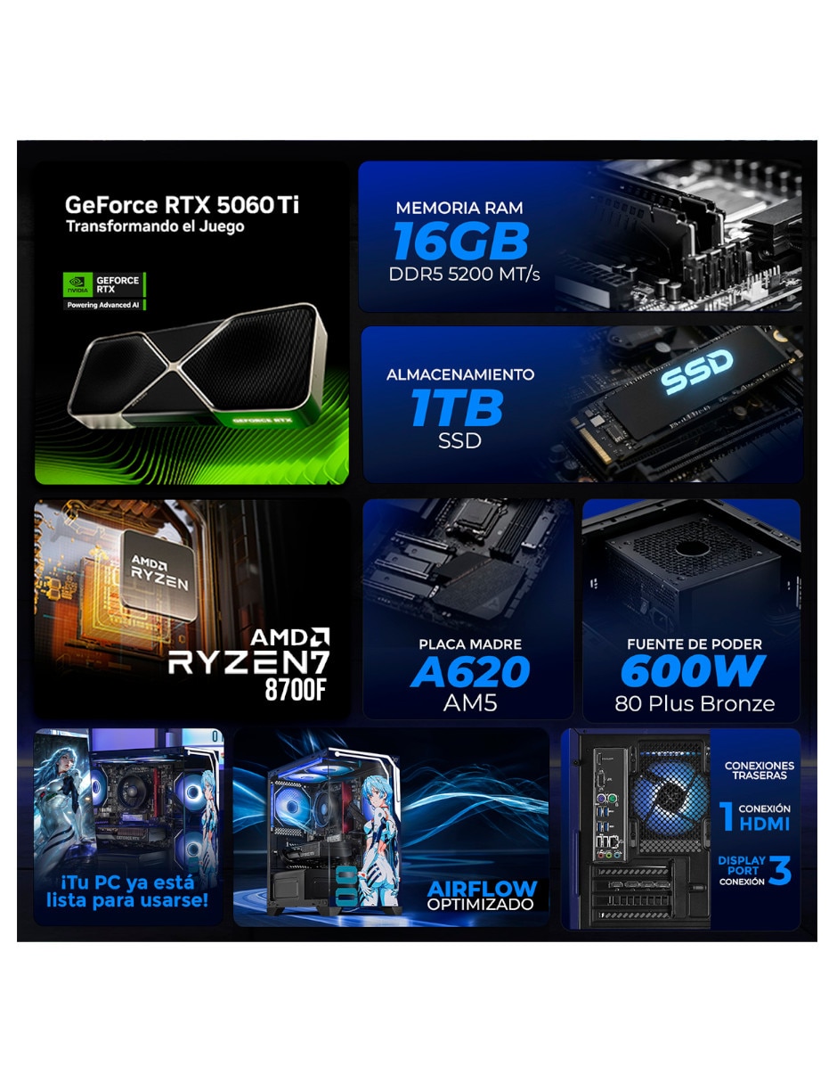 Computadora gamer 27 pulgadas Full HD AMD Ryzen 7 NVIDIA GeForce RTX 5060 Ti 16 GB RAM 1 TB 9