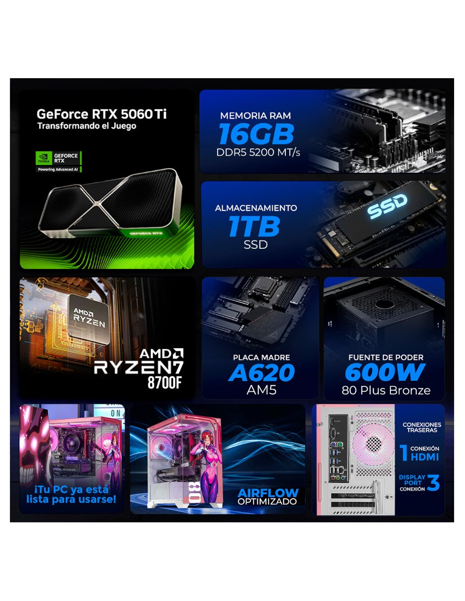 Computadora gamer AMD Ryzen 7 NVIDIA GeForce RTX 5060 Ti 16 GB RAM 1 TB 9