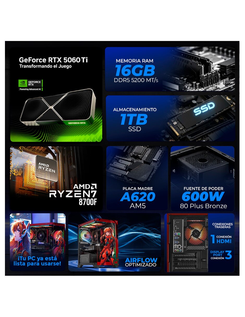 Computadora gamer AMD Ryzen 7 NVIDIA GeForce RTX 5060 Ti 16 GB RAM 1 TB 9