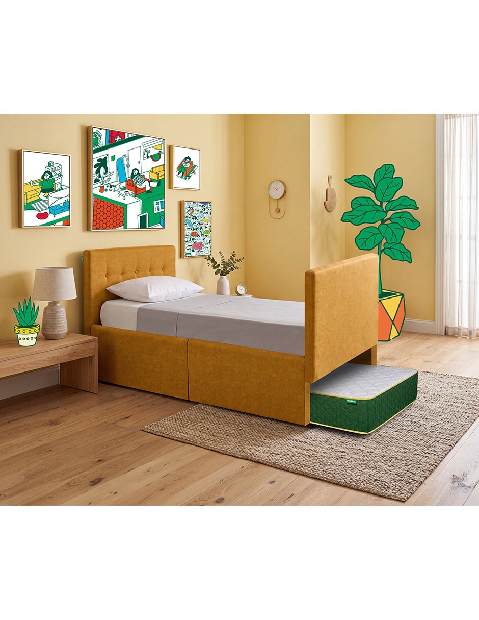 Base para cama armable individual kalia tela lino de madera pino 6