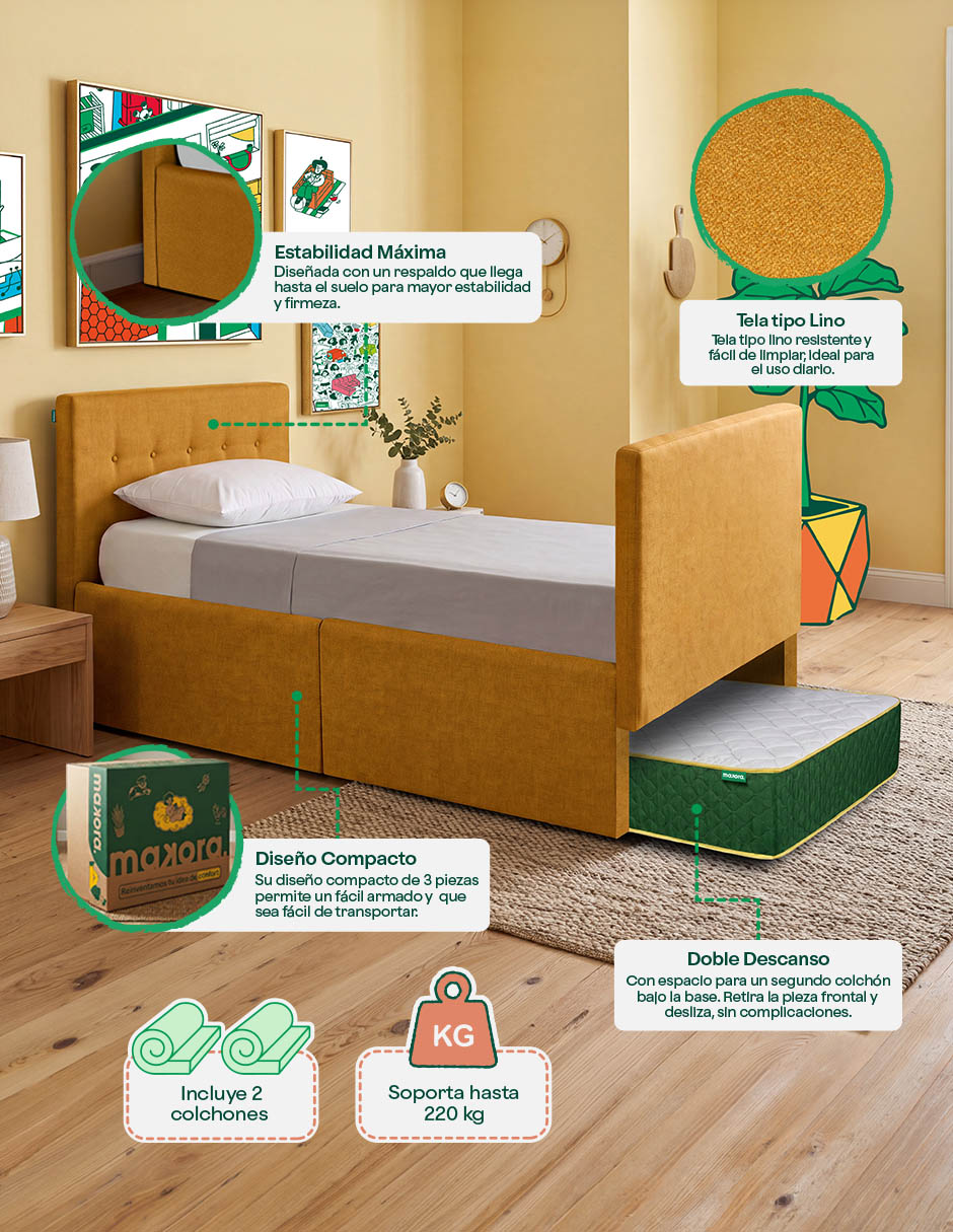 Base para cama armable individual kalia tela lino de madera pino 3