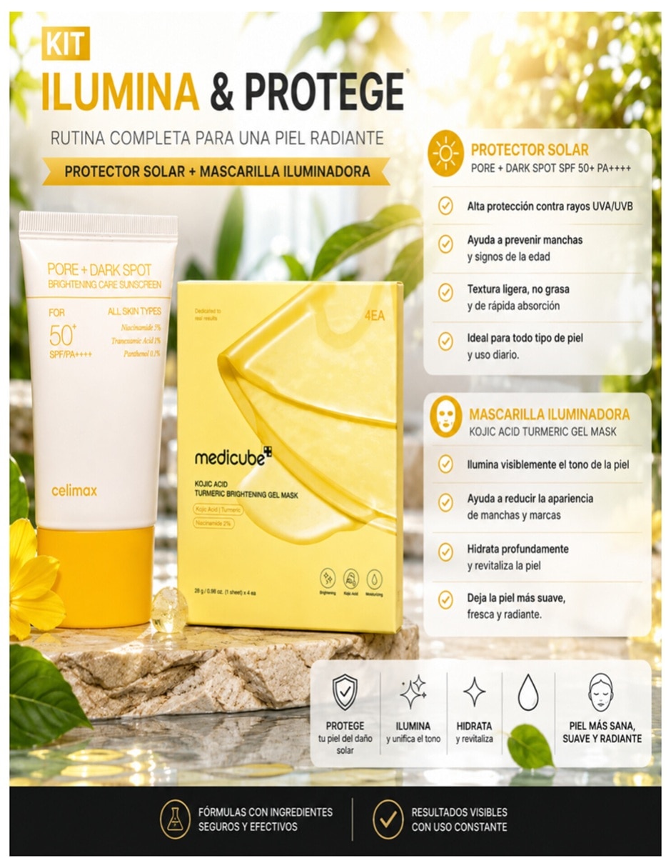 Set protector solar FPS 50+ Pore + Dark Spot Brightening Care Sunscreen SPF50 + Mascarilla cúrcuma y ácido kójico