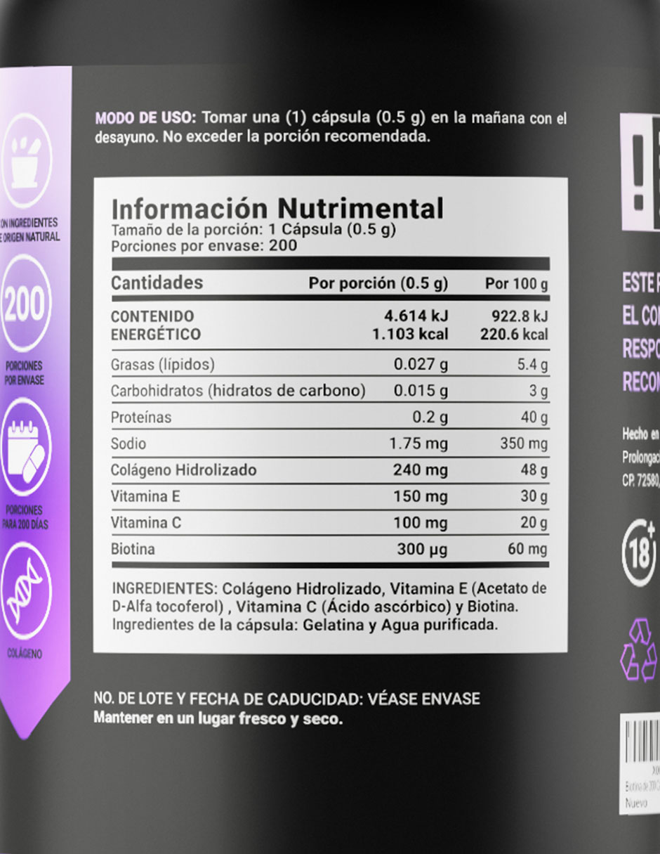 Collagen Bio con Colágeno Hidrolizado Biotina y Vitaminas de 200 cápsulas B LIFE con Colágeno Hidrolizado Biotina y Vitamina C Vitamina E sabor Sin sabor de 3