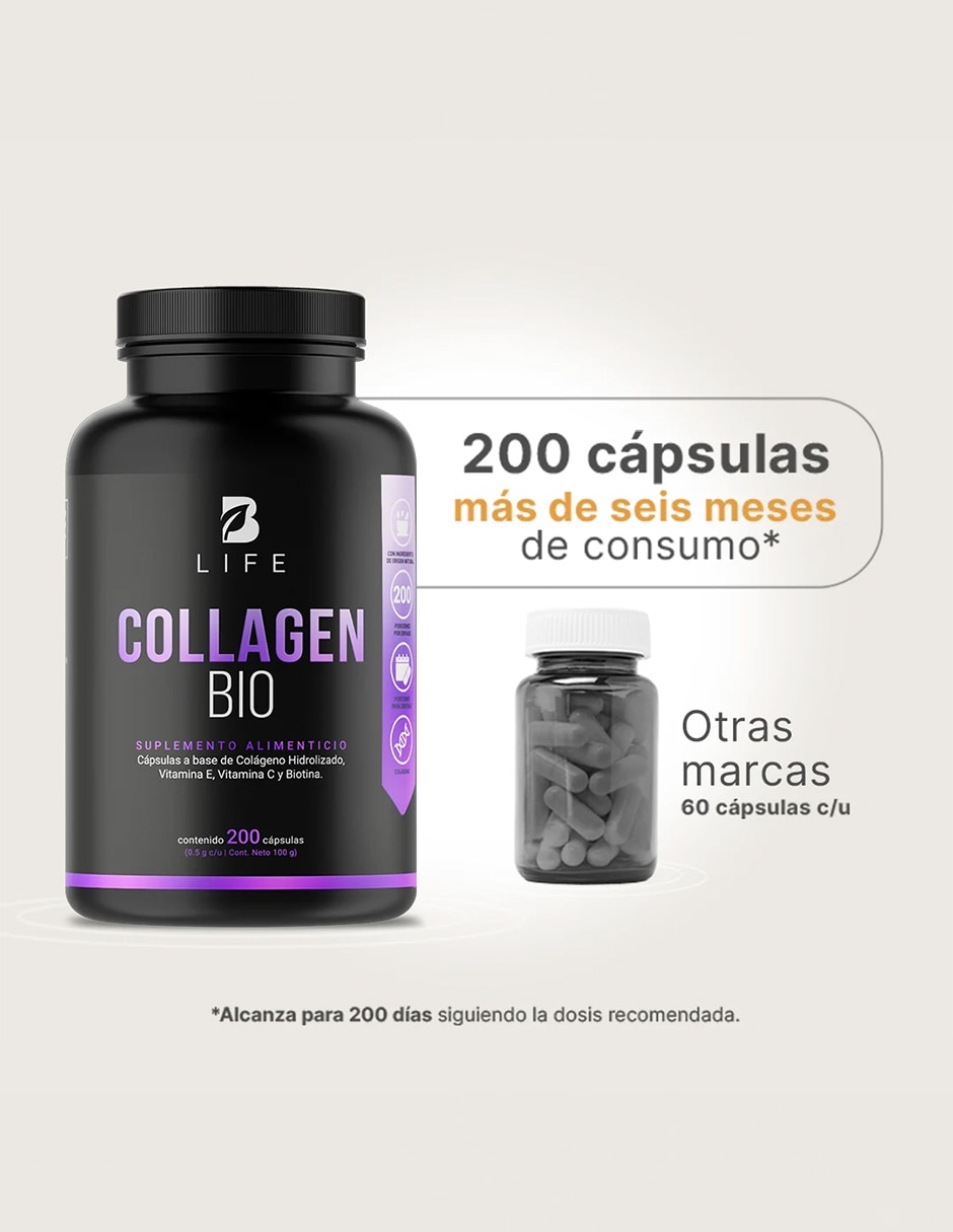 Collagen Bio con Colágeno Hidrolizado Biotina y Vitaminas de 200 cápsulas B LIFE con Colágeno Hidrolizado Biotina y Vitamina C Vitamina E sabor Sin sabor de 2