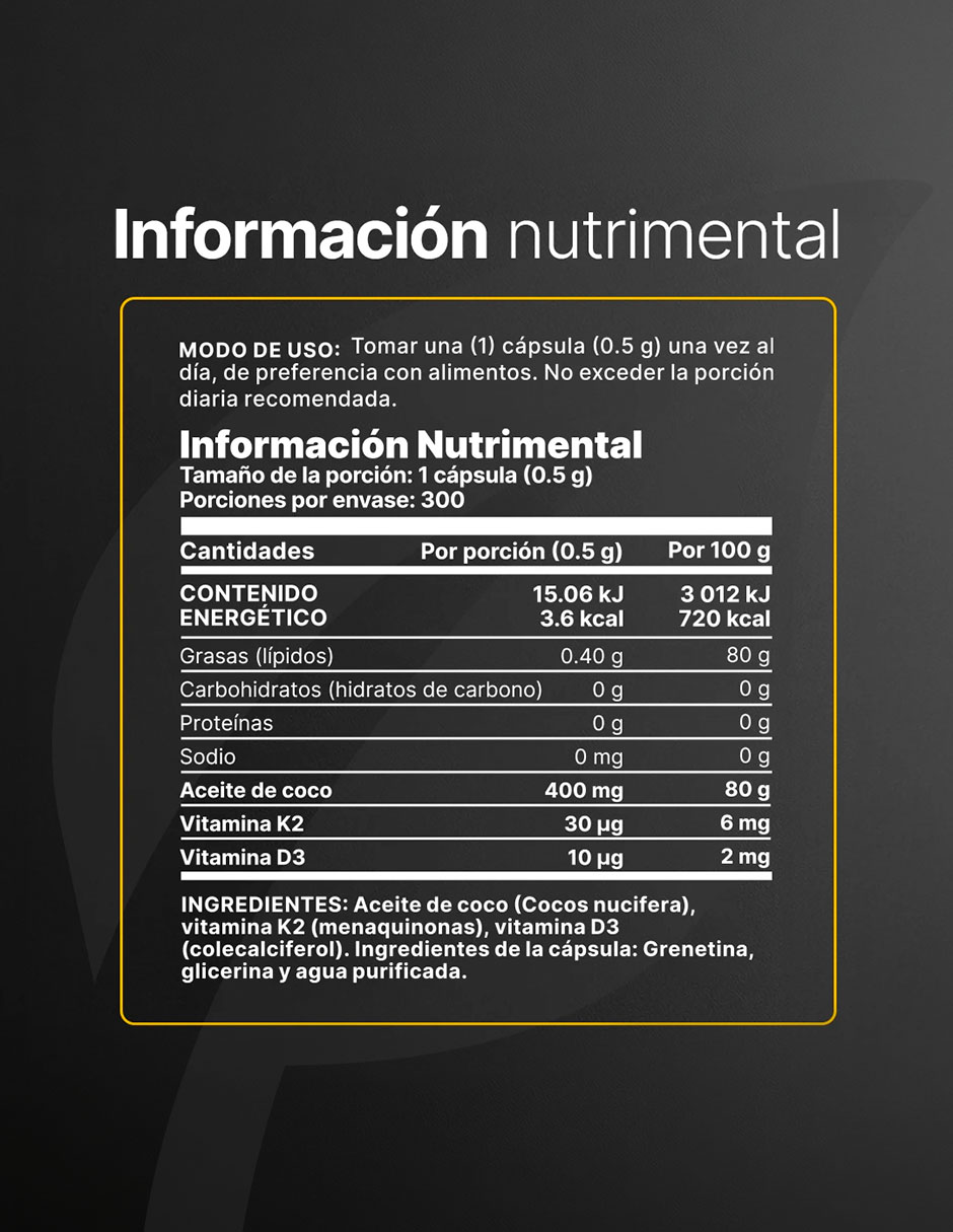 Coconut Oil con Aceite de Coco Vitaminas D3 y K2 de 300 cápsulas 3