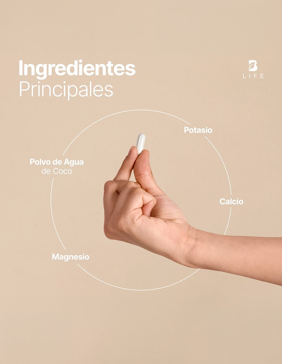 Electroly Blend B Life con polvo de agua de coco calcio fósforo potasio magnesio hierro zinc manganeso cobre de 150 cápsulas 3