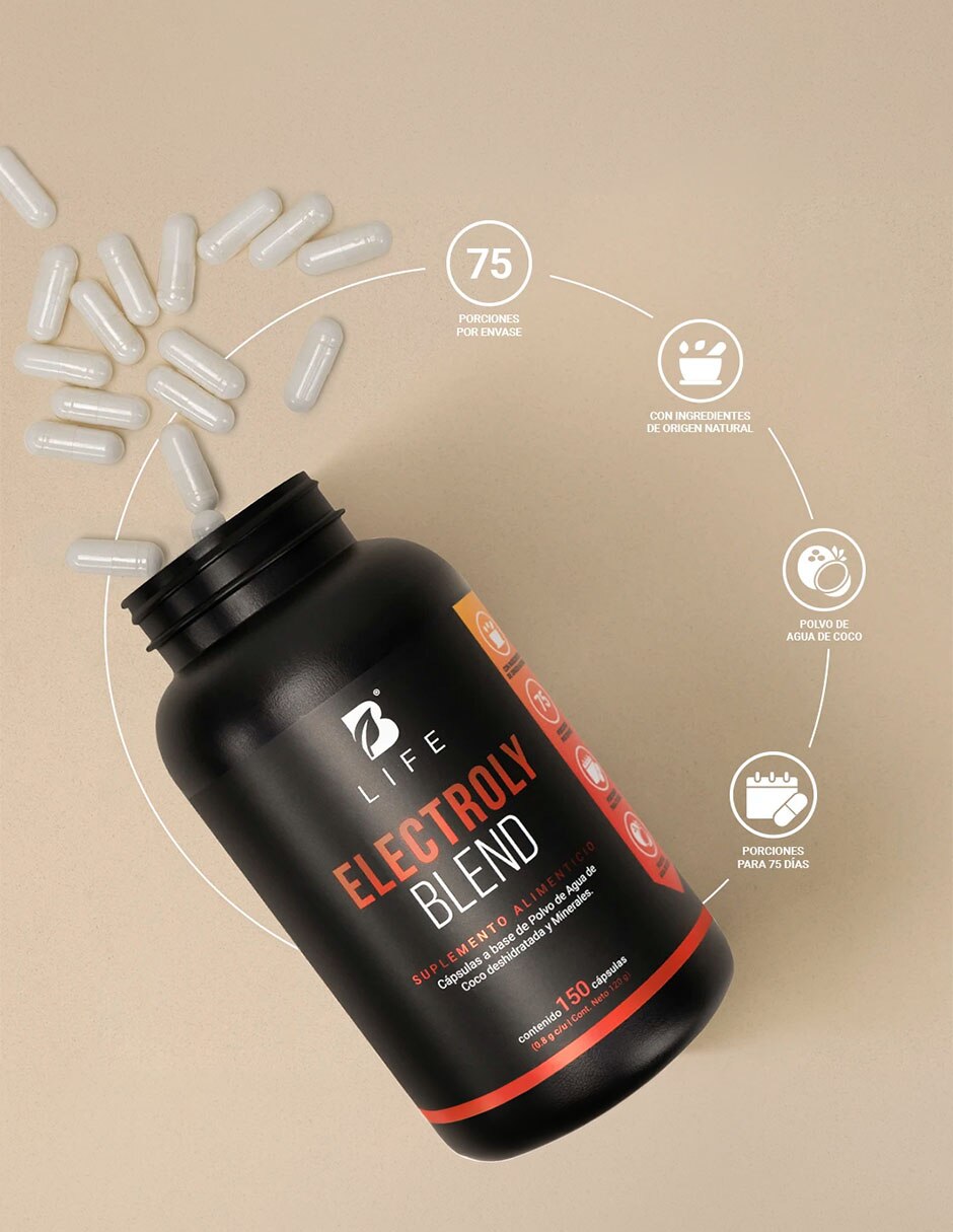 Electroly Blend B Life con polvo de agua de coco calcio fósforo potasio magnesio hierro zinc manganeso cobre de 150 cápsulas 2