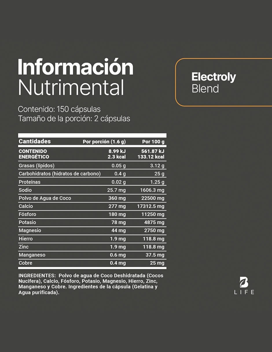 Electroly Blend B Life con polvo de agua de coco calcio fósforo potasio magnesio hierro zinc manganeso cobre de 150 cápsulas 6