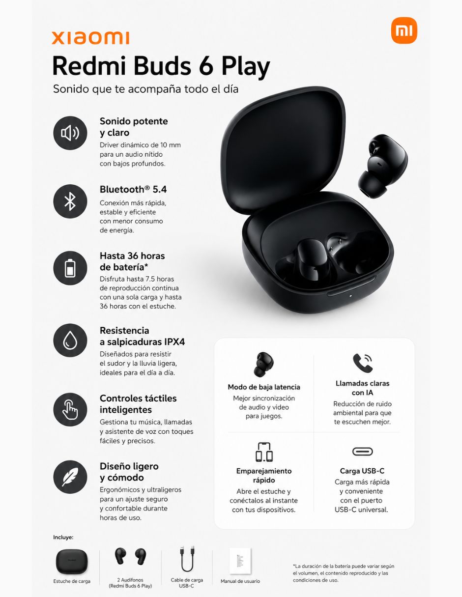 Audífonos True Wireless Xiaomi Redmi Buds 6 Play Conexión inalámbrica con cancelación de ruido 5