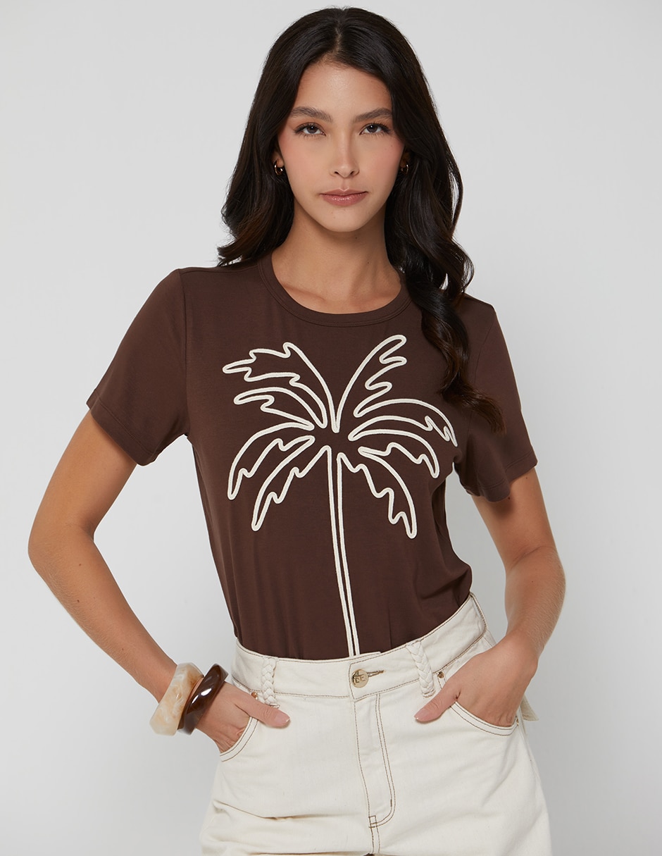 Manga corta studio f tropical core cuello redondo para mujer