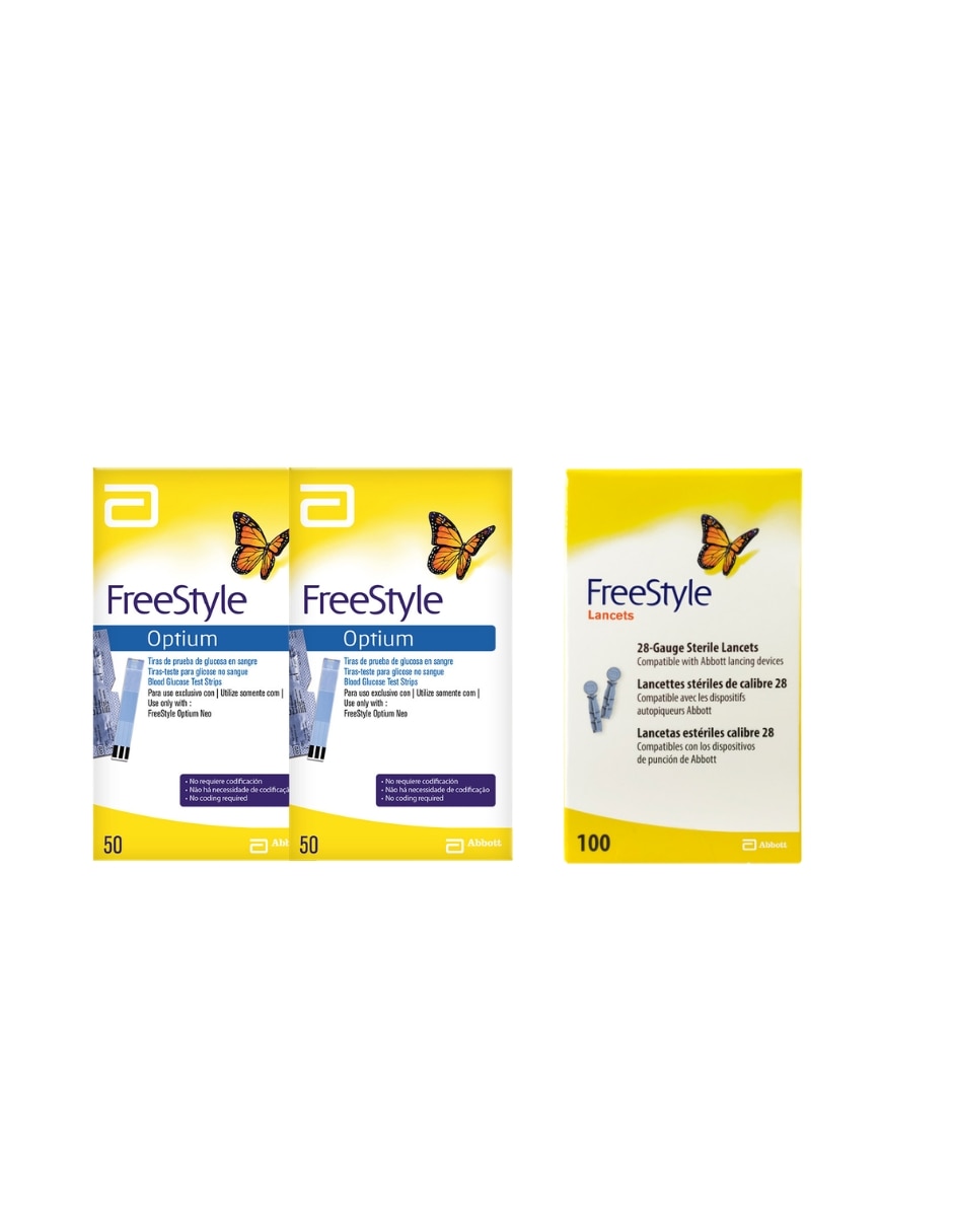 FreeStyle optium tiras reactivas 2 cajas con 50 piezas + Lancetas 1 caja con 100 piezas