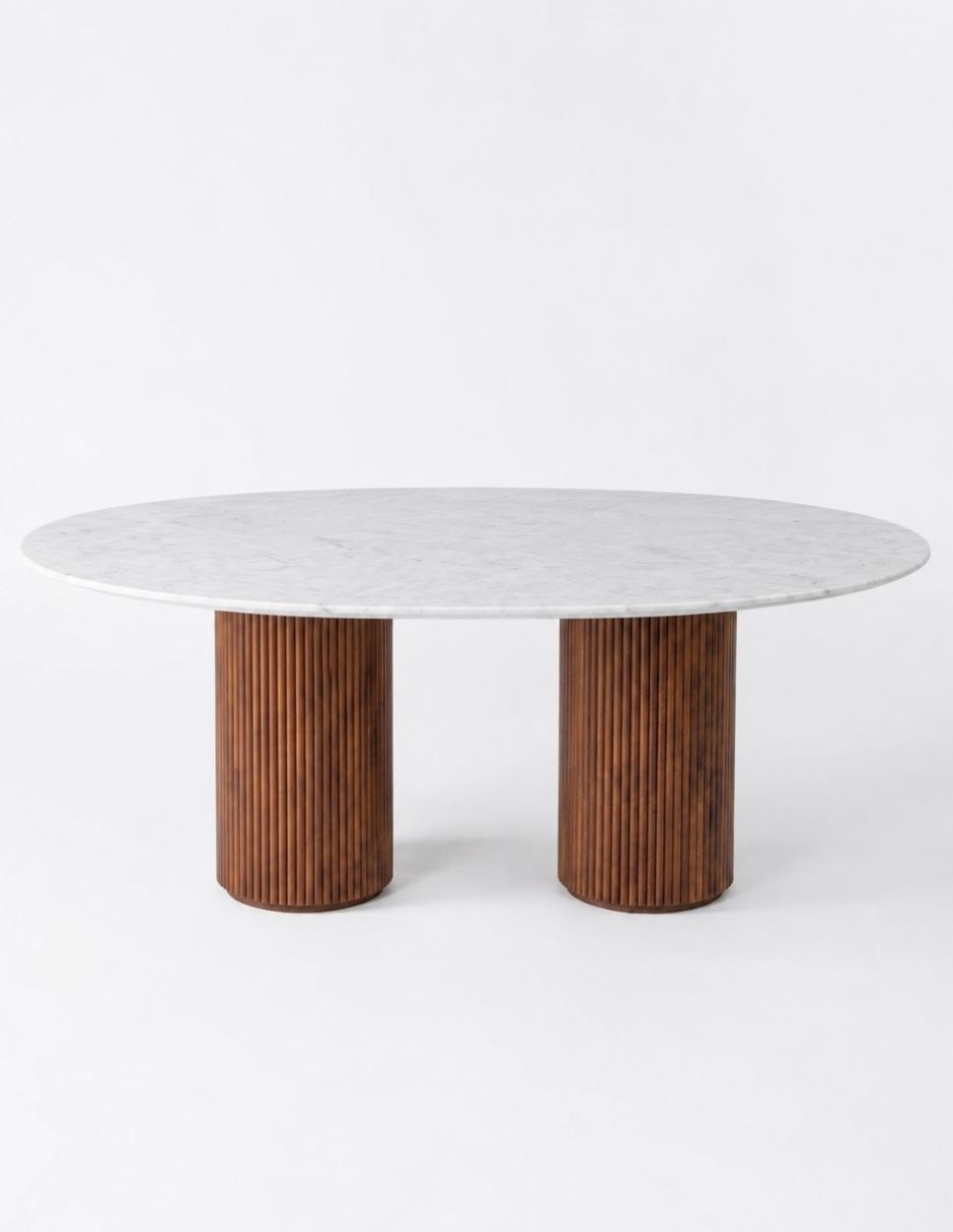 Mesa de comedor armable de madera y mármol Mesa de comedor armable de madera y mármol