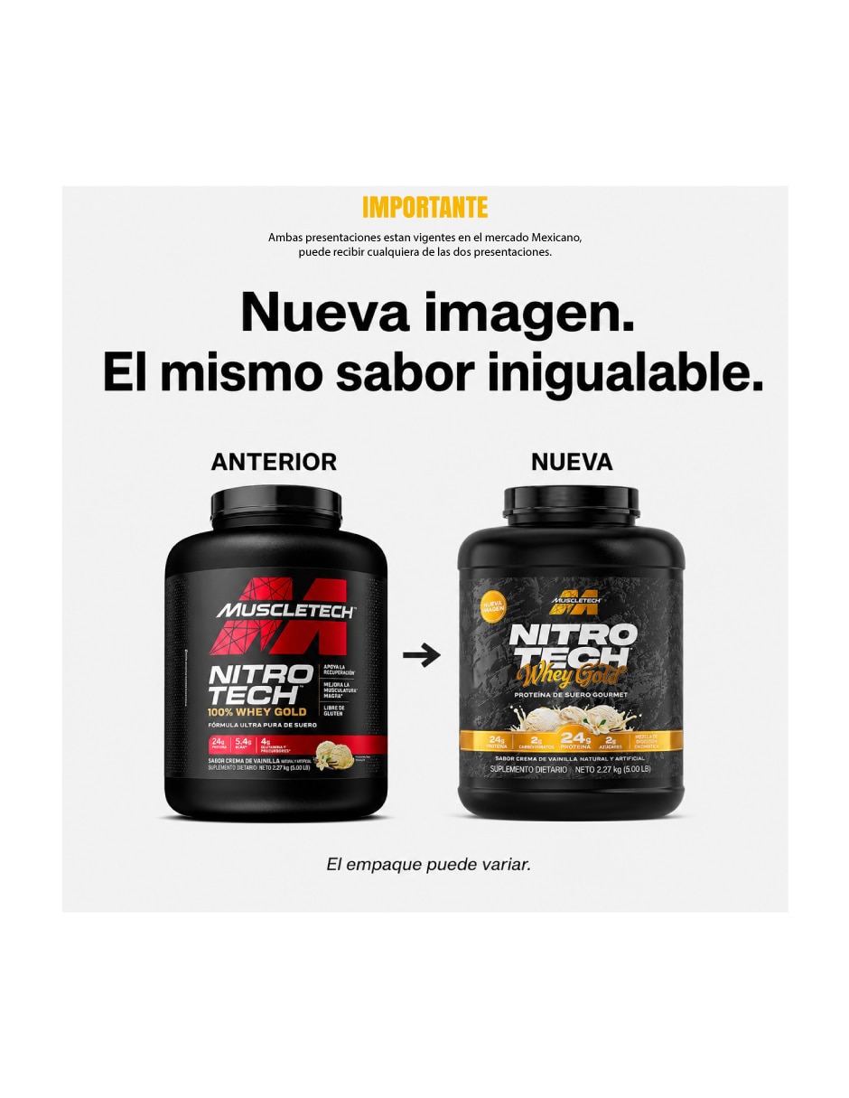 Proteina nitrotech wheygold 5lb - sabor fresa muscletech con proteína sabor fresa de 3