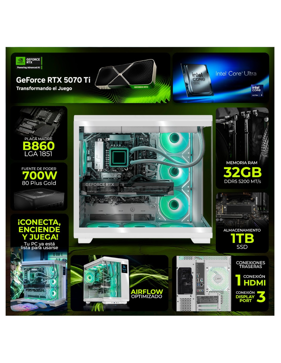 Computadora gamer dxt gaming 34 pulgadas uwqhd intel core ultra 9 nvidia geforce rtx 5070 ti 32 gb ram 1 tb