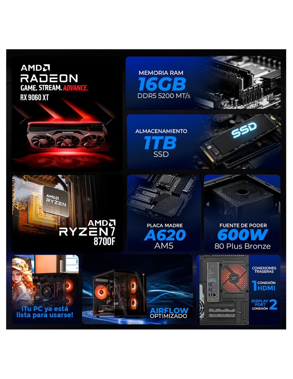 27 pulgadas Full HD AMD Ryzen 7 AMD Radeon RX 9060 XT 16 GB RAM No aplica 1 TB 5