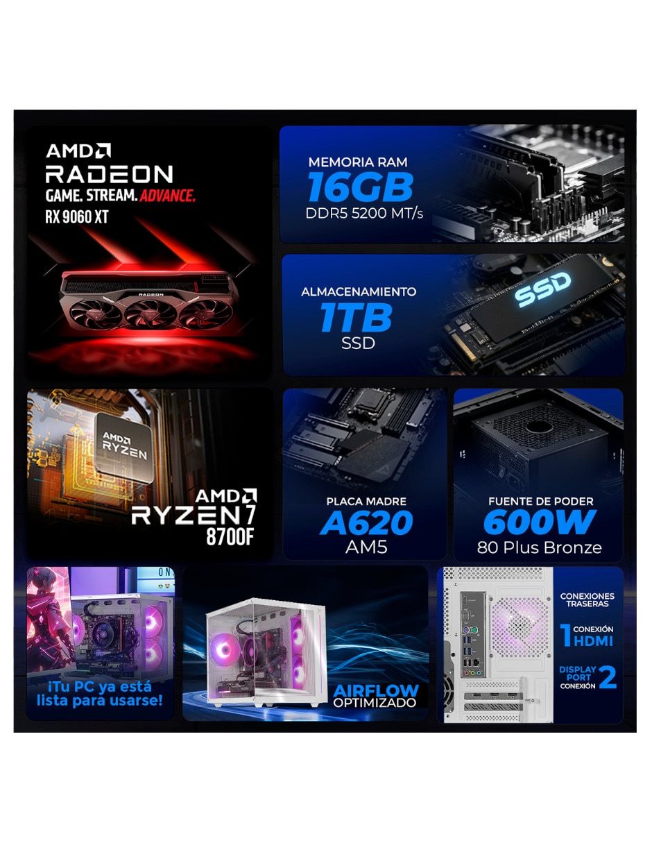 Computadora gamer xtreme pc gaming 27 pulgadas full hd amd ryzen 7 amd radeon rx 9060 xt 16 gb ram 1 tb