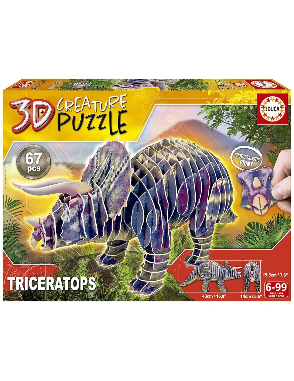 Rompecabezas 3d dinosaurios prehistóricos triceratops 3d creature puzzle educa 67 piezas