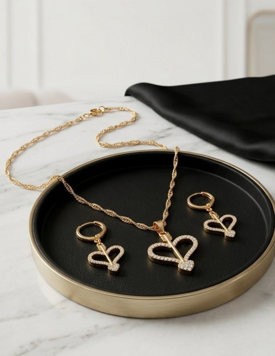 Aretes y collar de corazón conjunto de joyería elegante para mujer de oro laminado 18 k zirconia cúbica 3