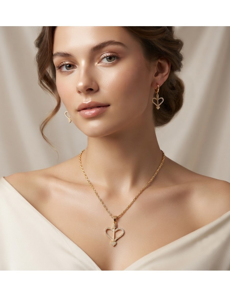 Aretes y collar de corazón conjunto de joyería elegante para mujer de oro laminado 18 k zirconia cúbica 2