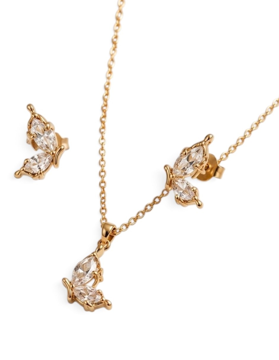 Aretes y collar de mariposa conjunto de joyería elegante para mujer de oro laminado 18 k zirconia cúbica Aretes y collar de mariposa conjunto de joyería elegante para mujer de oro laminado 18 k zirconia cúbica
