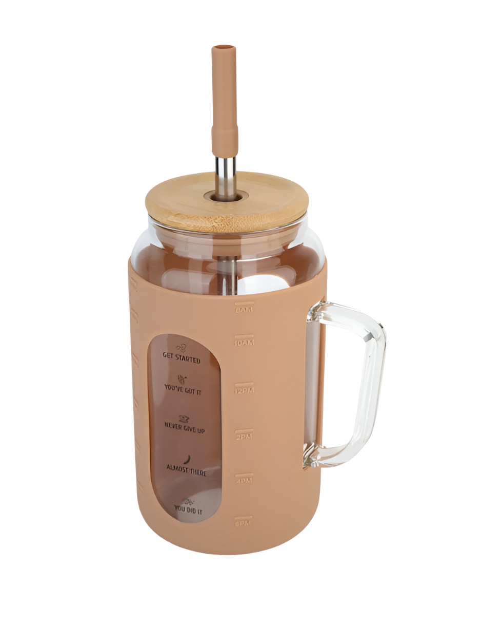 Vaso con tapa y popote de vidrio con