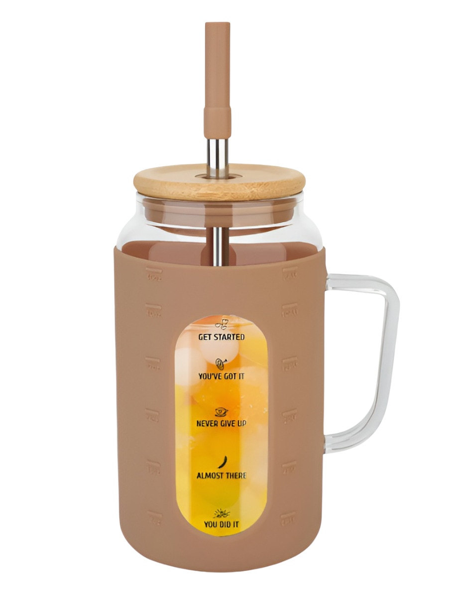 Vaso con tapa y popote de vidrio con