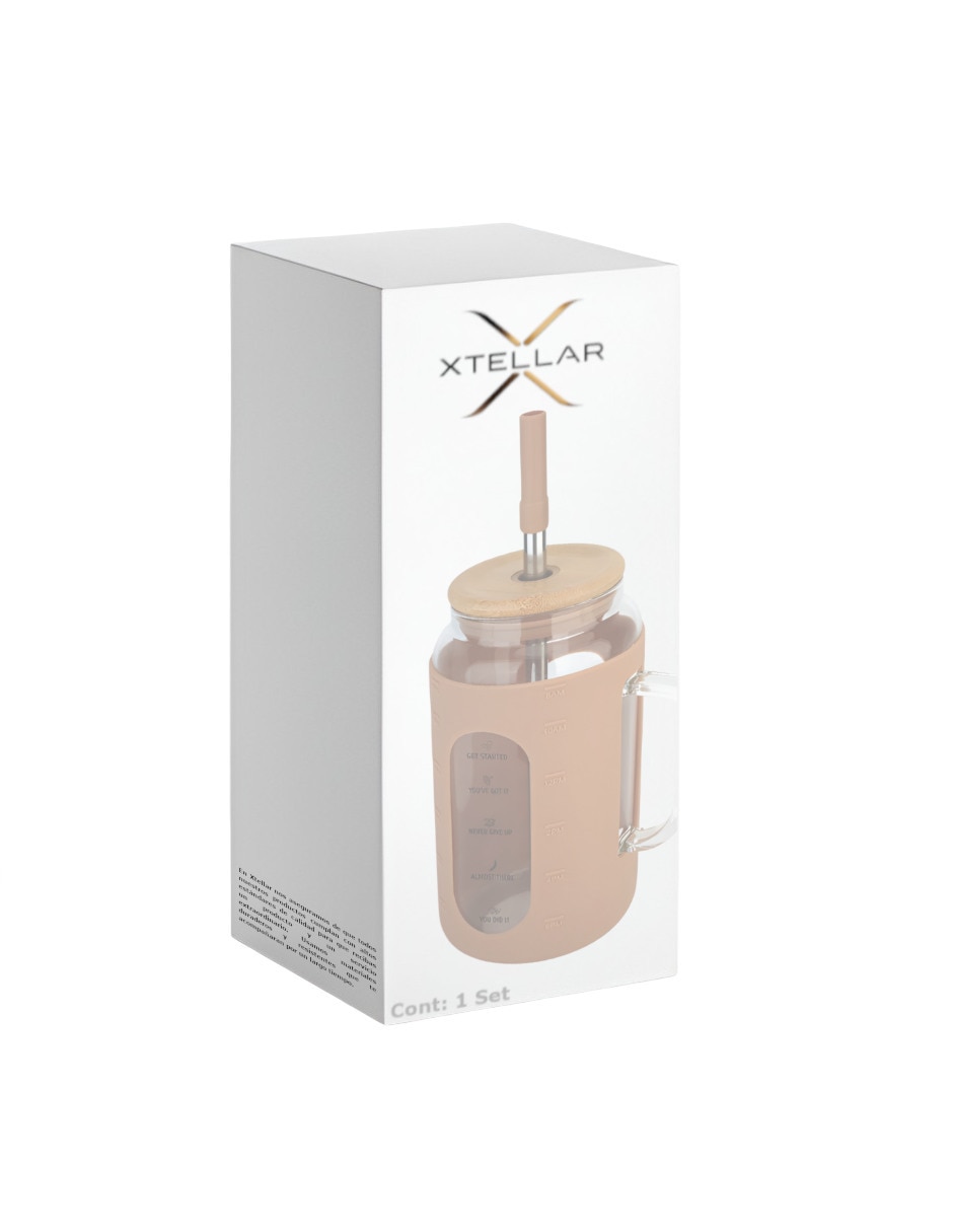 Vaso con tapa y popote de vidrio con