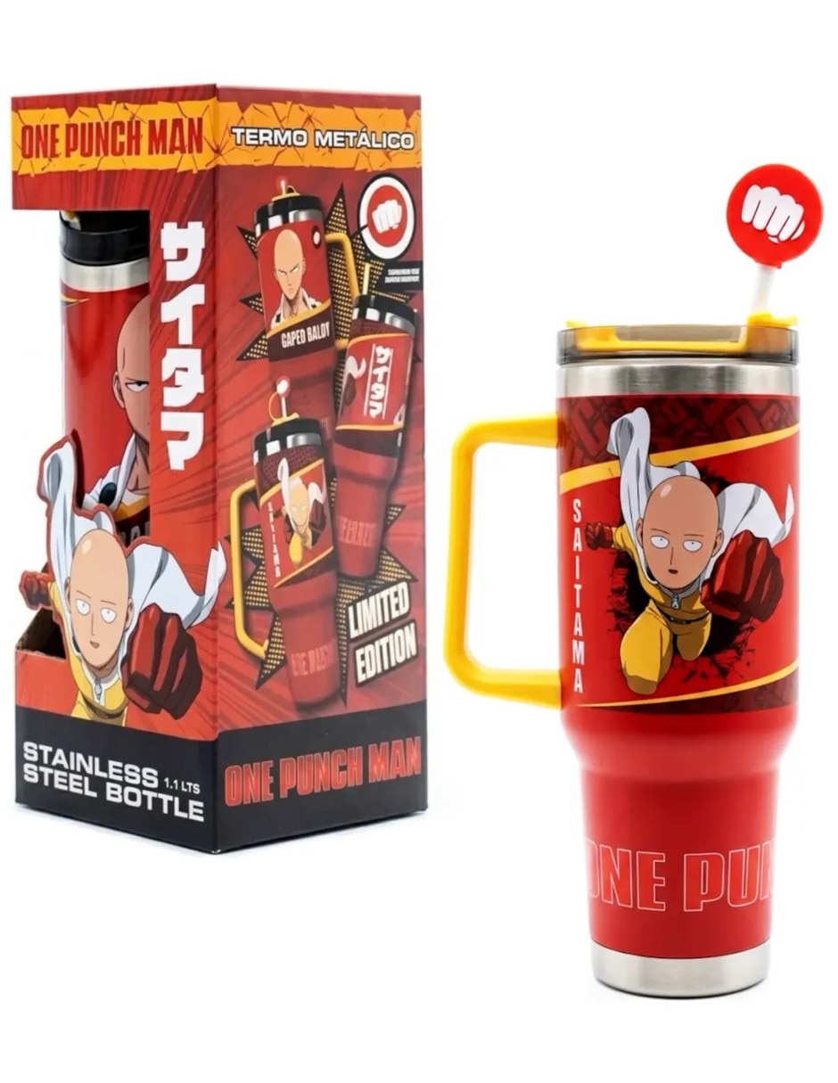 Termo de acero inoxidable One Punch Man con tapa rosca 1.1 L