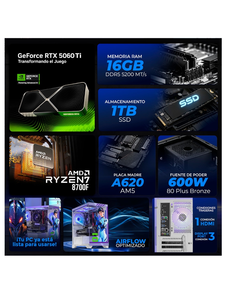 Computadora gamer Xtreme PC Gaming XTPCR716GB5060TIMEV01 27 pulgadas Full HD AMD Ryzen 7 NVIDIA GeForce RTX 5060 Ti 16 GB RAM 1 TB SSD
