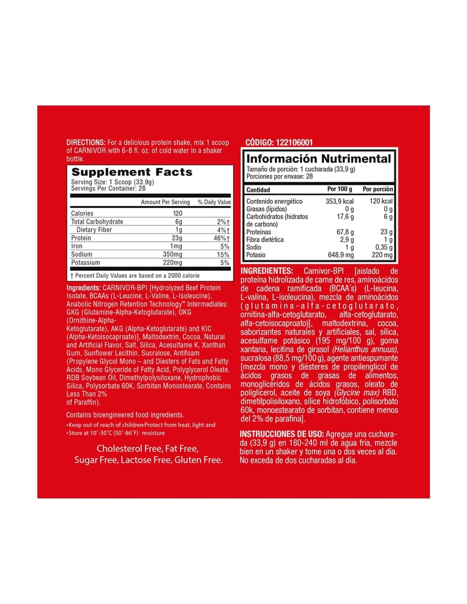 Proteina carnivor hydrolyzed isolate 2.09 lb - chocolate con proteína sabor chocolate 2