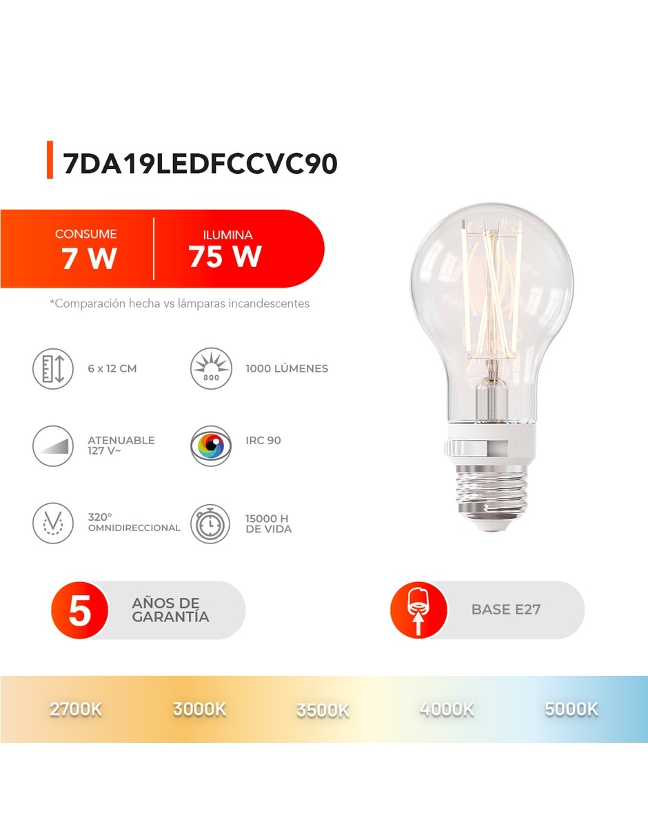 Foco LED 75 W de consumo 7 W de iluminación 1000 lm lúmenes 4