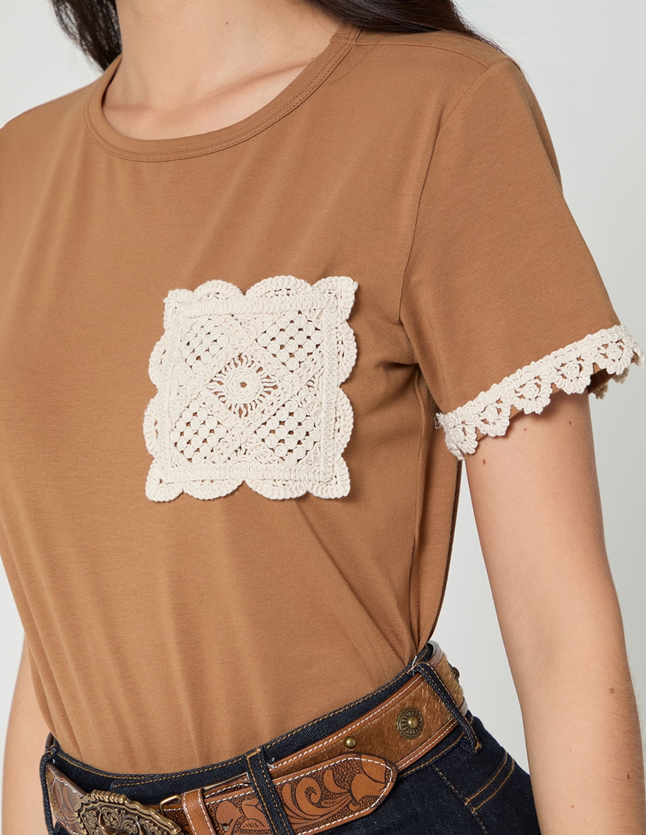 Playera manga corta Crochet cuello redondo mujer 3