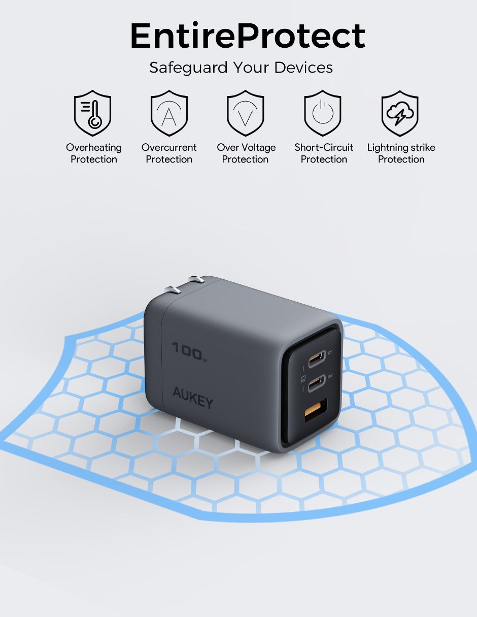 Cargador pared Aukey USB + USB tipo A + USB tipo C 100 W