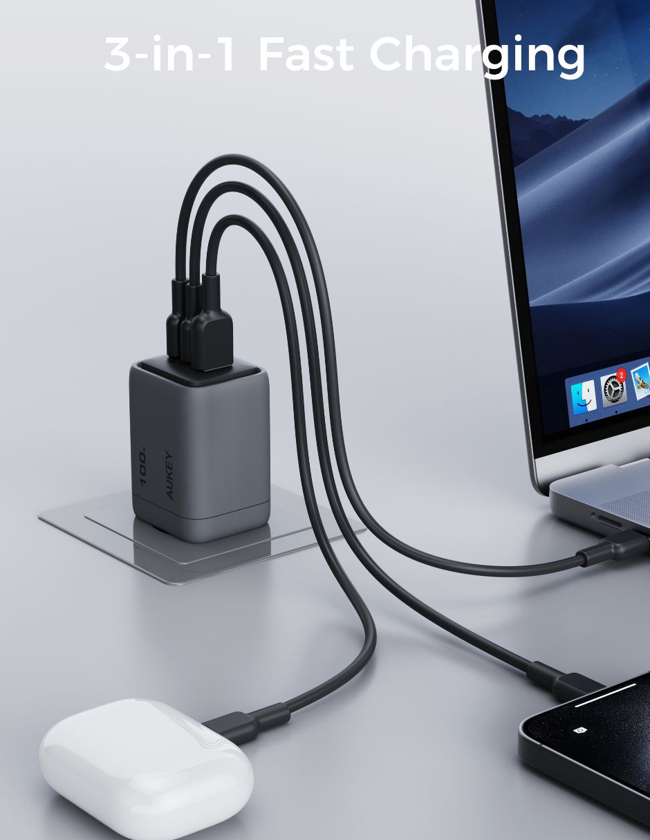 Cargador pared Aukey USB + USB tipo A + USB tipo C 100 W