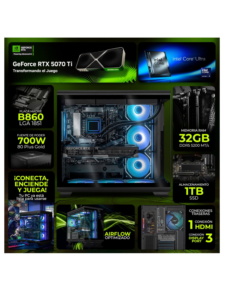 Computadora gamer 34 pulgadas Uwqhd Intel core ultra 9 Nvidia GeForce Rtx 5070 Ti 32 GB RAM 1 TB