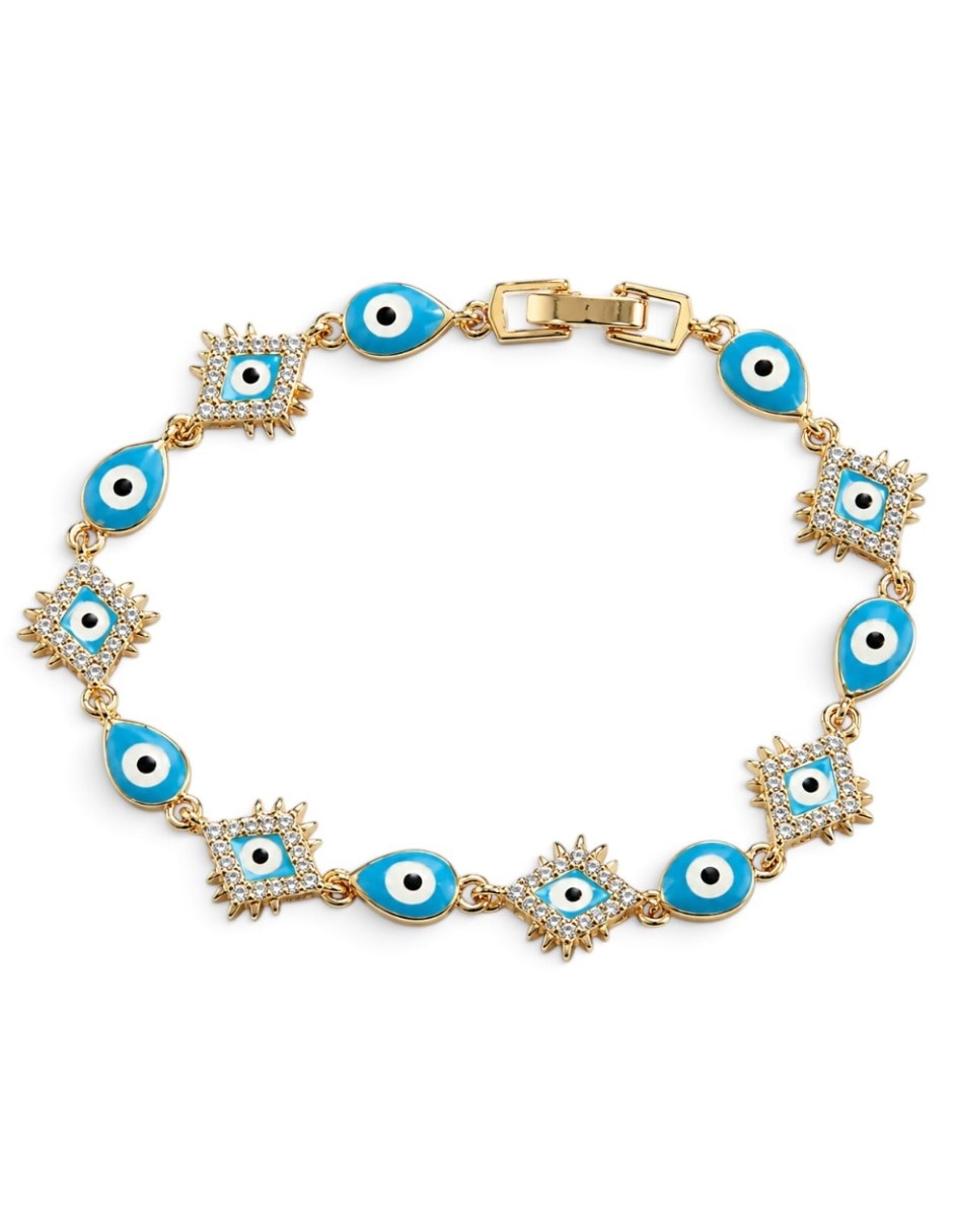 Pulsera de Oro laminado con Zirconia cúbica 14 K Joyeria Juvenil con Diseño de Ojo Turco acabado