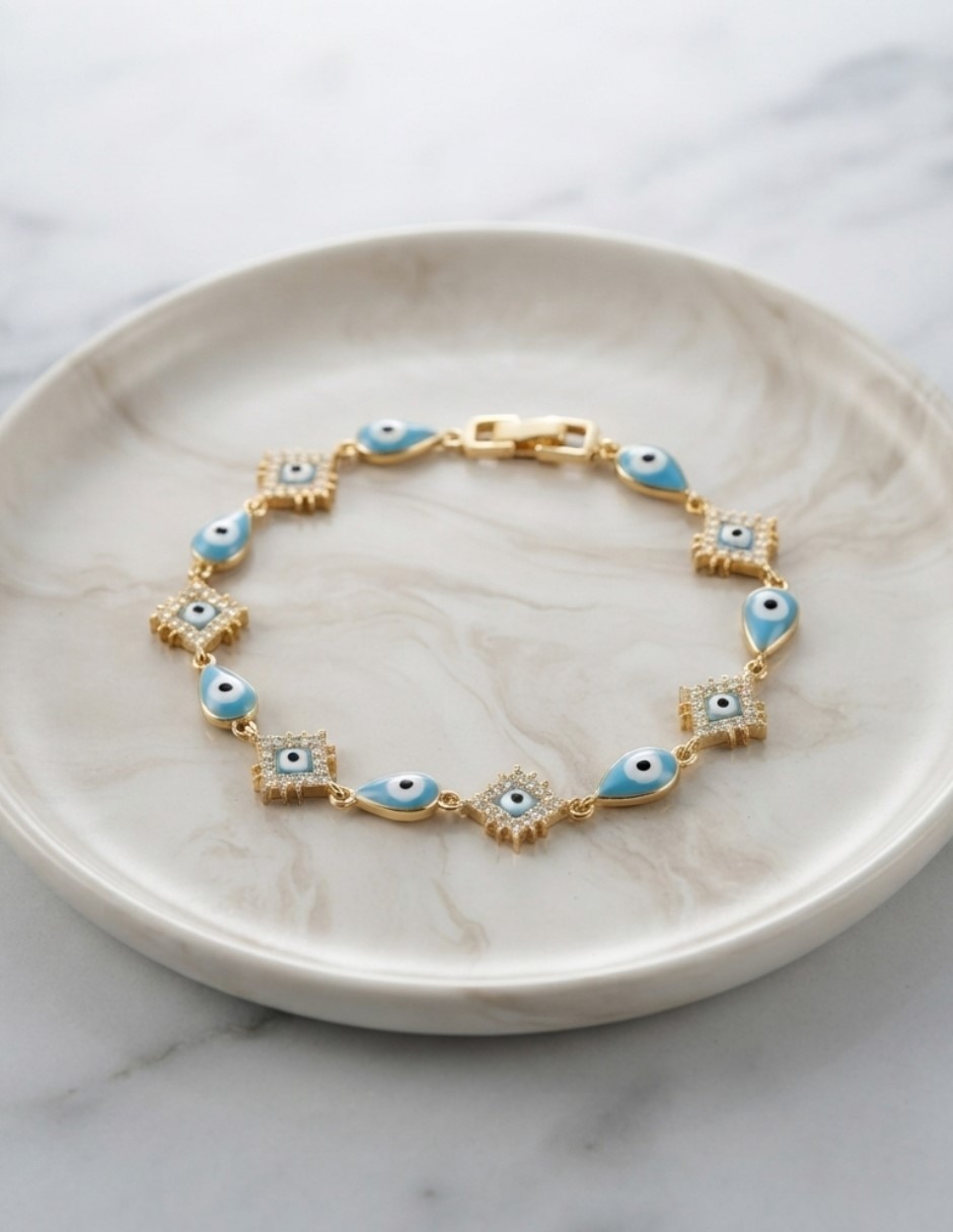 Pulsera CM-TOP de Oro laminado con Zirconia cúbica 14 K Joyeria Juvenil con Diseño de Ojo Turco acabado 5