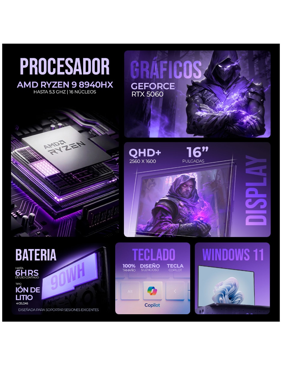 Laptop gamer No D8WFKG-015U 16 pulgadas QHD+ AMD Ryzen 9 NVIDIA GeForce RTX 5060 32 GB RAM No aplica 1 TB 7