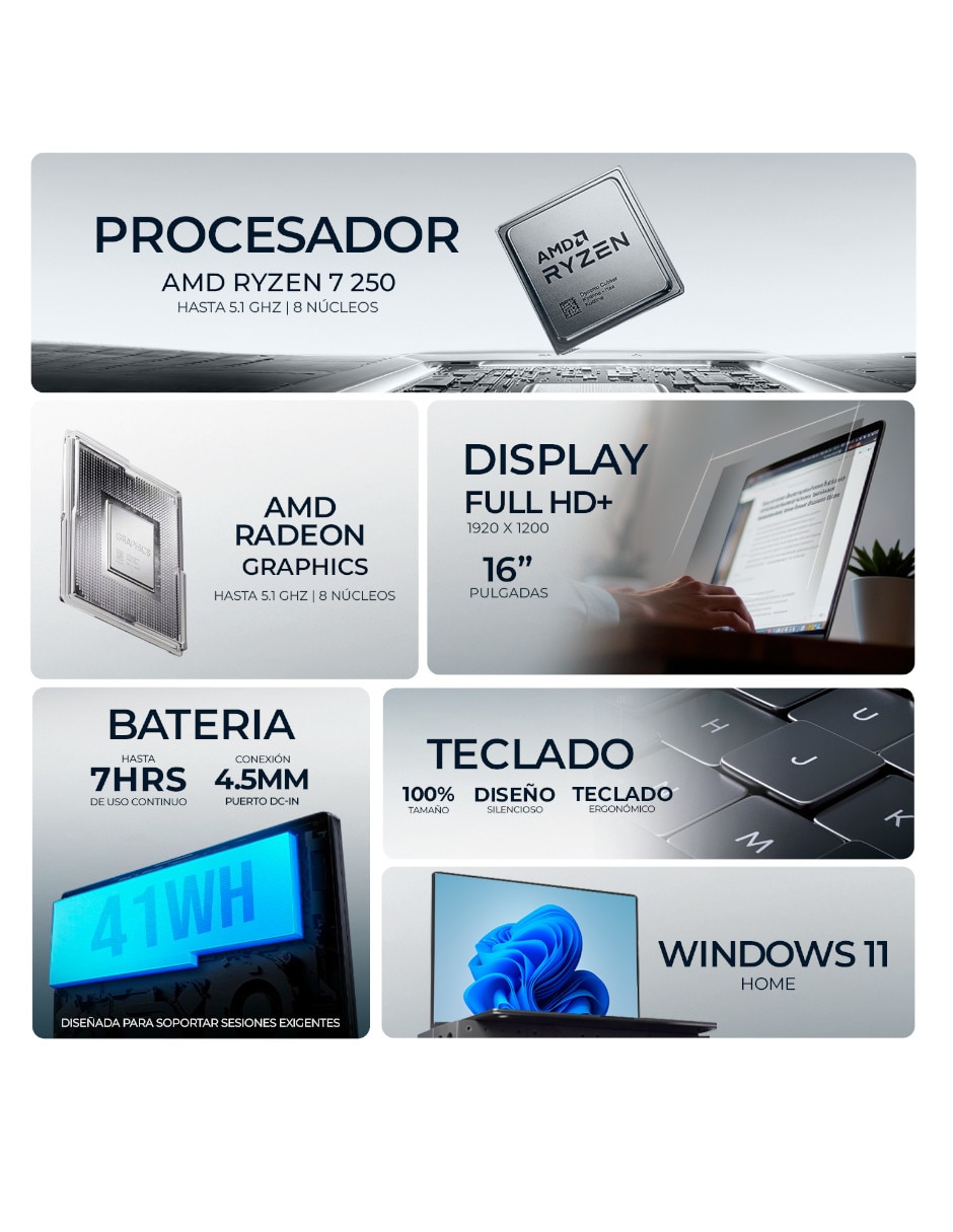 Laptop touch DC16255 16 pulgadas Full HD+ AMD Ryzen 7 Integradas 16 GB RAM 512 GB